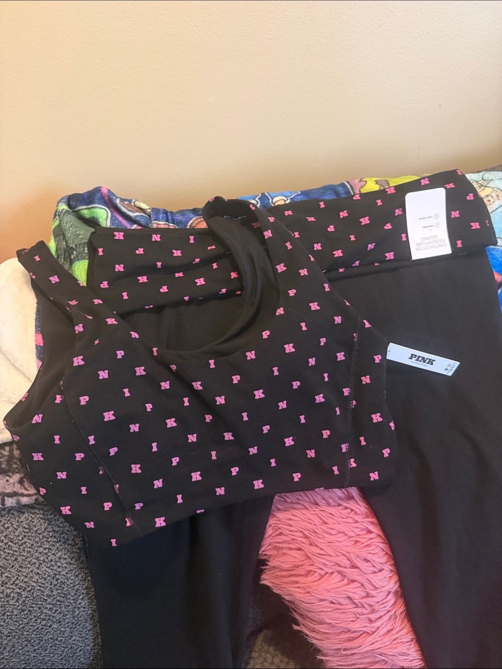 PINK Victoria's Secret Black Pajama Leggings with Pink Logo Waistband